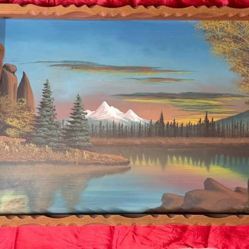 Vintage Mountain Lake Landscape Painting in Carved Wood Frame